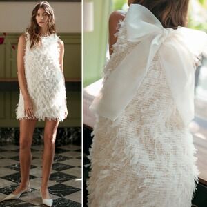 Mable Ivory Textured Fringe Dress Bow Back Sleeveless‎ Mini Small Bride Party